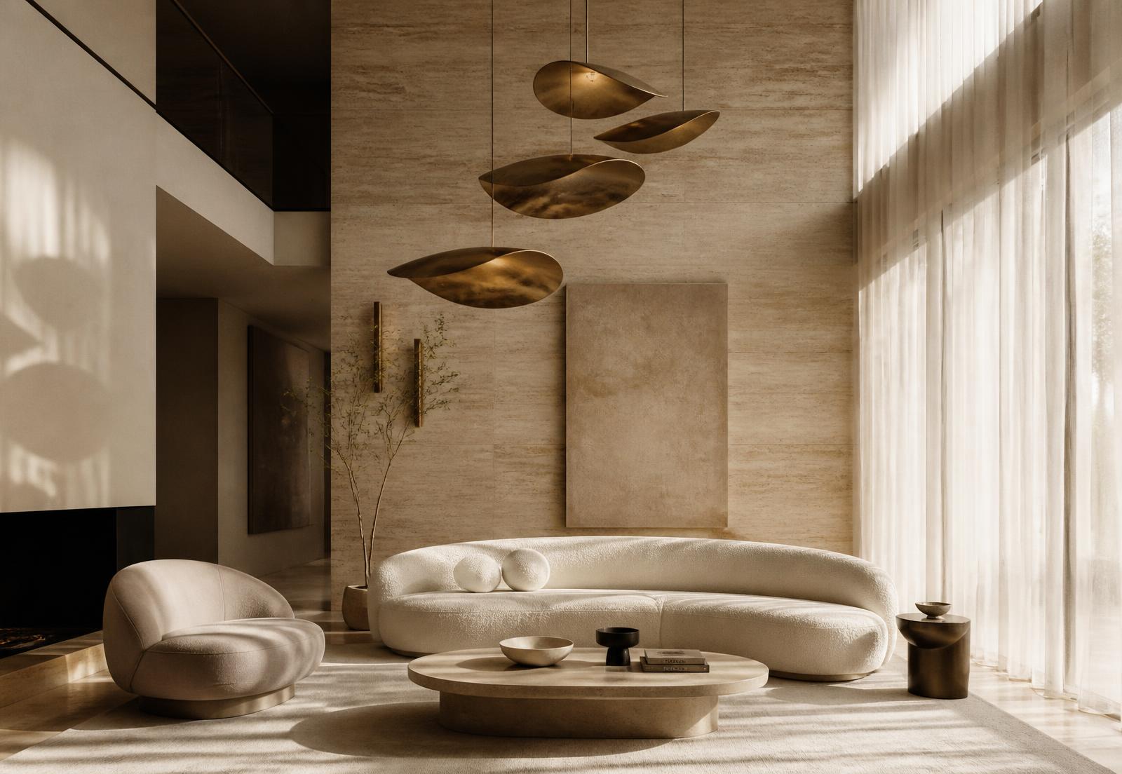 Sunlit contemporary living room with travertine wall and curved cream sofa